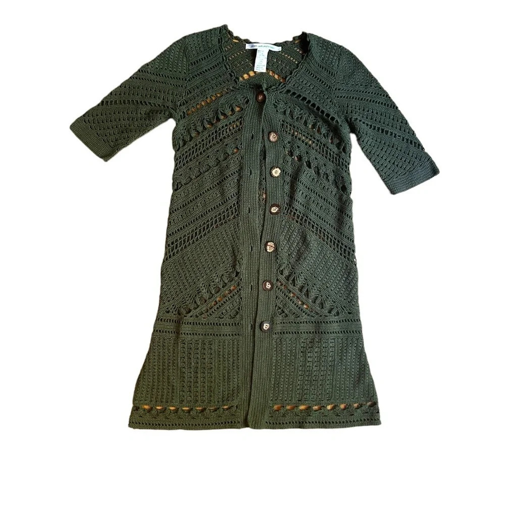 Diane Von Furstenberg Olive Green Crochet Knit Button-Front Sweater